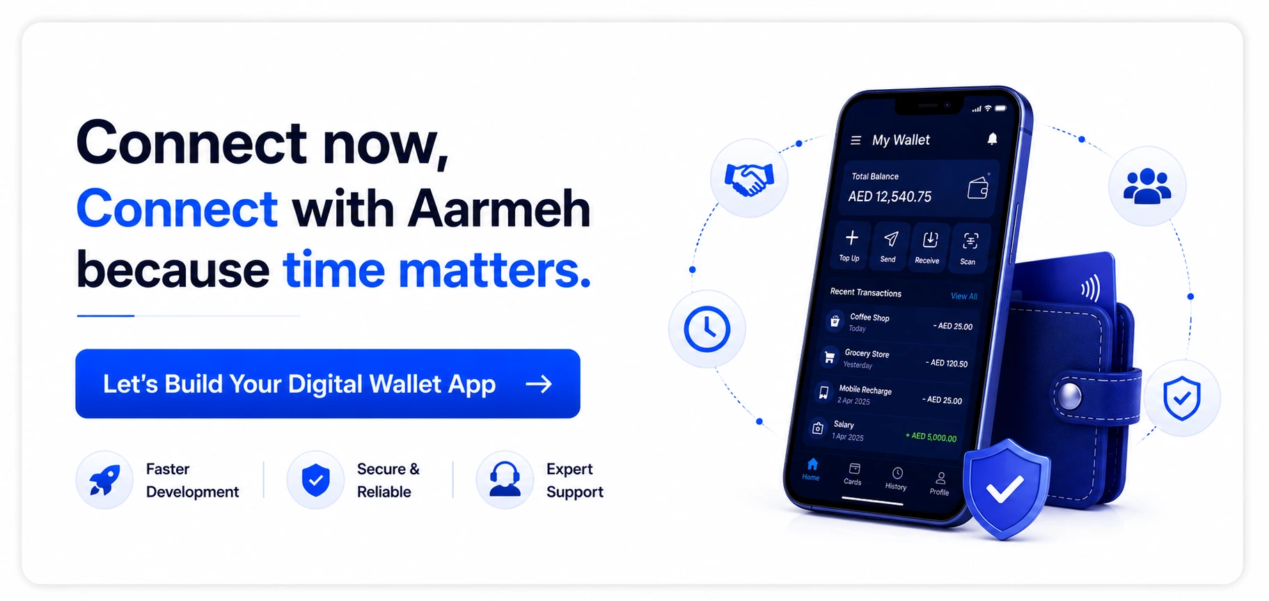 CTA banner encouraging users to connect with Aarmeh for digital wallet app development services.