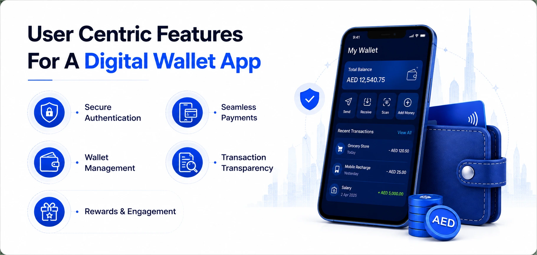 User-centric features of a digital wallet app including secure authentication, seamless payments, wallet management, transaction transparency, and rewards.