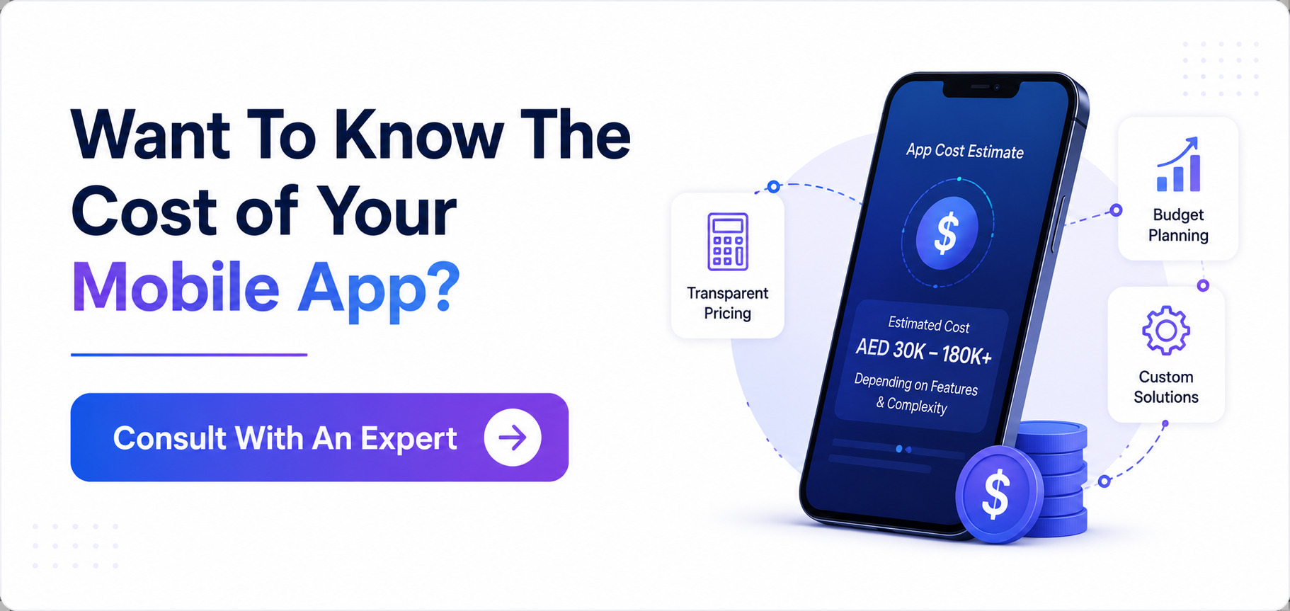 Mobile app development cost estimate banner showing app pricing consultation and cost planning