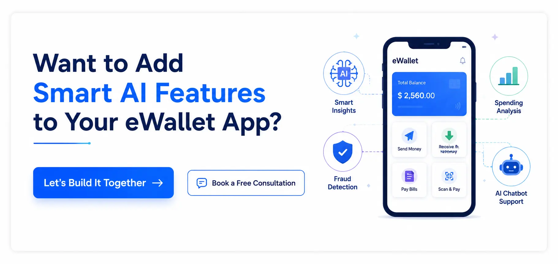 smart AI features for an eWallet app, featuring an eWallet phone interface with callouts for Smart Insights, Fraud Detection, Spending Analysis, and AI Chatbot Support, plus build and consultation buttons.