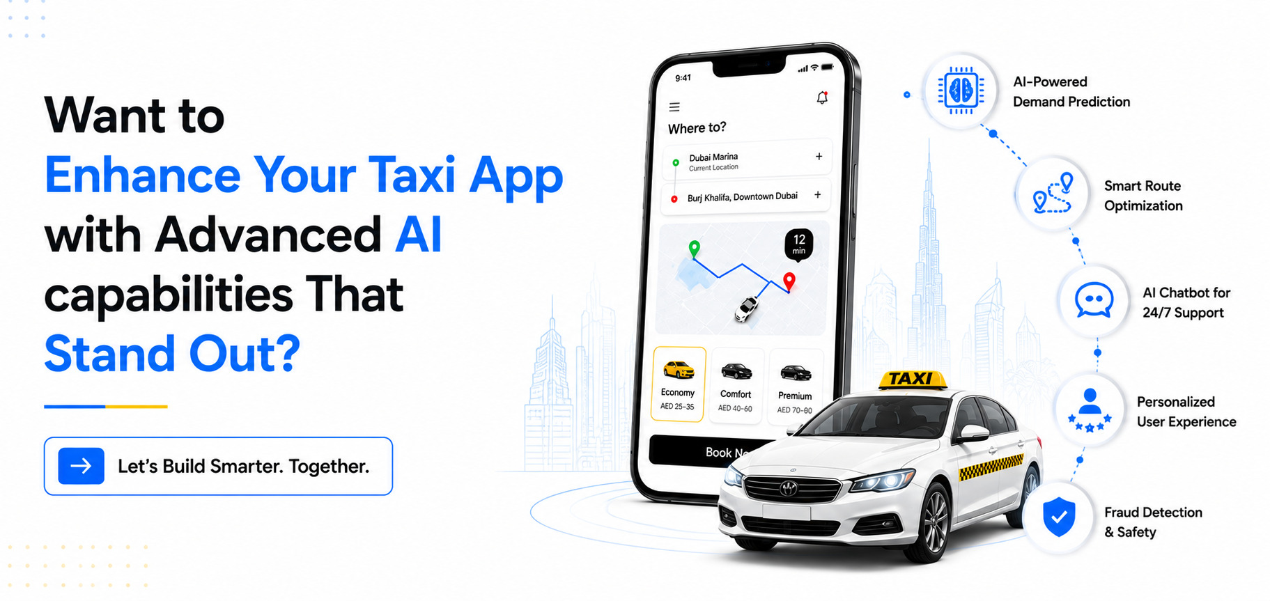 White CTA banner encouraging businesses to enhance taxi booking apps with AI features such as demand prediction, route optimization, chatbot support, personalized experiences, and fraud detection.