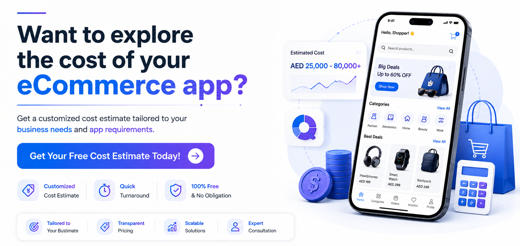 CTA banner for eCommerce app development cost estimation featuring a smartphone shopping app interface, pricing dashboard, analytics, shopping icons, and a call-to-action to get a free eCommerce app cost estimate on a clean white background.