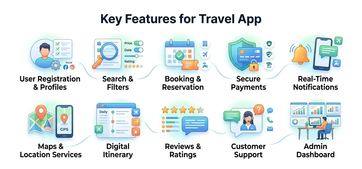 Key features of a travel app including booking, secure payments, maps, notifications, itinerary, and customer support