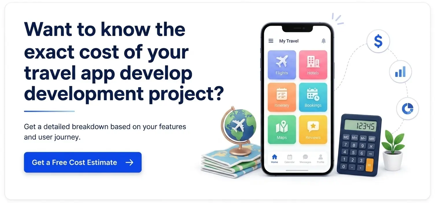 Travel app development cost estimate with travel booking and pricing concept