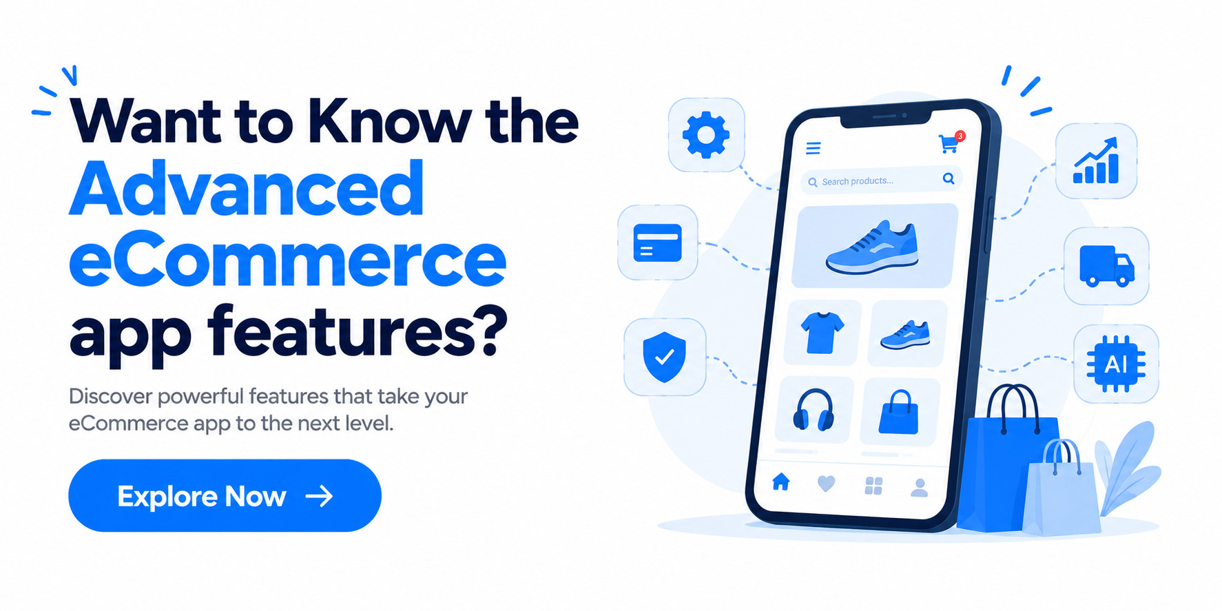 Advanced eCommerce app features with a mobile shopping app interface, AI, security, payments, analytics, and delivery icons