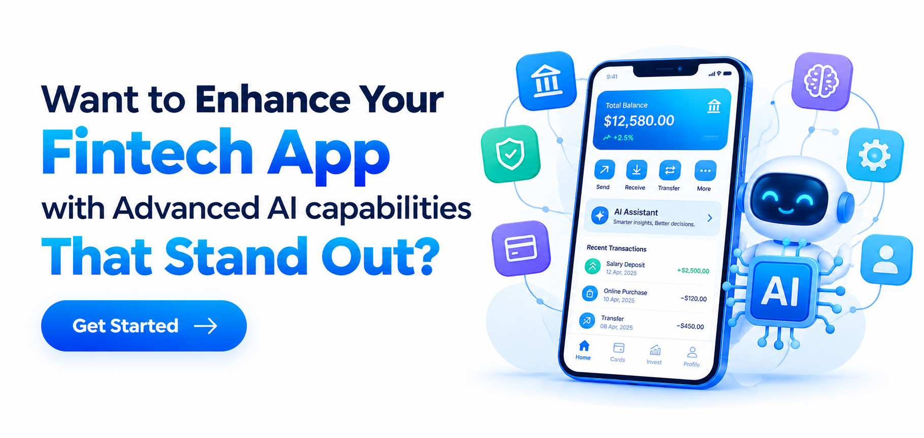 CTA banner encouraging users to enhance a fintech app with advanced AI capabilities, featuring a banking smartphone app and AI robot on a white background.